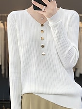 economico Colori solidi-Per donna Pullover Maglione Moda Informale Morbido Tinta unica A coste A V Bottoni Manica lunga Top regolari Maglia Esterno Giornaliero Per uscire Nero Bianco Autunno Inverno