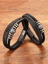 baratos Jóias Masculinas-pulseira masculina de couro trançado com detalhes em contas de metal – pulseira preta elegante de camada dupla com fecho magnético