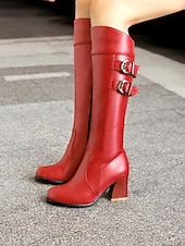abordables Bottes à la mode-bottes blanches hautes pour femmes avec détail à double boucle – bottes à talon bloc élégantes pour les tenues d&#039;hiver et décontractées