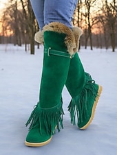 baratos Botas de neve e inverno-Botas de inverno femininas de camurça verde mocassim com forro de pele e detalhes de franjas – botas de neve confortáveis na altura do joelho para o tempo frio