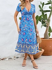 abordables Robes Bohémiennes-Femme Robe mi-longue Robe casual Robe Évasée Robe Trapèze robe boheme Bohême Décontractées du quotidien Standard Floral Manche Courte Col V Rouge Bleu Fuchsia Eté Printemps