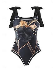 billiga One-piece-baddräkter-Dam Badkläder En bit Monokini Kjol Baddräkt Öppen rygg Magkontroll Hög midja Smal Semester Standkläder Blommig Halterneck Ärmlös Baddräkter
