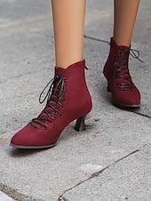 cheap Vintage Boots-Women&#039;s Burgundy Lace-Up Victorian Ankle Boots – Elegant Suede Heeled Footwear for Formal Occasions and Vintage Style