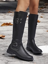 cheap Fashion Boots-Women&#039;s Black Knee-High Riding Boots with Buckle Straps and Low Heel – Classic Equestrian Style Boots for Everyday and Outdoor Wear