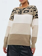 billige Grafiske mønstre og detaljer-Dame Genser Pullover genser Fritid Myk Leopard Riflet Crew-hals Strikket Trykt mønster Langermet Vanlige topper Strikke utendørs Daglig Helg Gul Rosa Høst Vinter