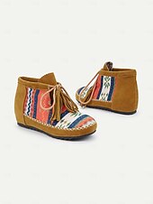 cheap Ankle Boots-Women&#039;s Boho Ankle Boots with Ethnic Print Panels, Tassel Lace-Up Design, and Comfortable Low Sole – Perfect for Casual and Festival Wear