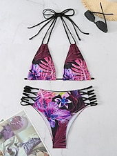 voordelige Bikinisets-Dames Zwemkleding Bikini 2 stuks Brutaal Zwempak Blote rug Uitknippen Slank Vakantie Strand Kleding Bloemig Halternek Mouwloos Badpakken