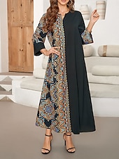 abordables Robes Bohémiennes-Femme Robe Maxi Robe casual Robe Caftan robe boheme Décontractées du quotidien Standard Géométrique Manches 3/4 Col cranté Noir Printemps Automne