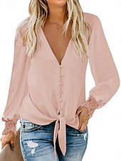 abordables Hauts de Travail pour Femmes-Femme Chemise manche longue Col V Noir Rose Claire Beige Printemps &amp; Automne