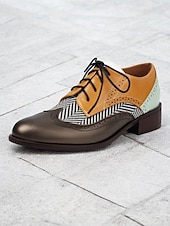 economico Scarpe oxford da donna-scarpe oxford brogue multicolor da donna con motivo a chevron e pannelli in similpelle a contrasto – ballerine stringate di ispirazione vintage