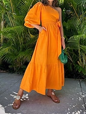 abordables Robes de vacances-Robe casual Robe unie Femme Robe Maxi A Volants Poche Sport &amp; Loisir Plein Air Décontractées Une Epaule Manches 3/4 Standard Jaune Fuchsia Orange S M L XL