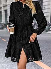 preiswerte Kleider für die Arbeit-Damen Spitzenkleid Minikleid Spitze Patchwork Brautkleider schlicht Ständer Langarm Schwarz Wein Grün Farbe