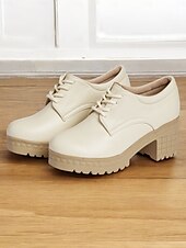 cheap Women&#039;s Oxfords-Women&#039;s Ivory Lace-Up Platform Oxford Shoes – Chunky Heels with Textured Soles for Casual and Office Wear