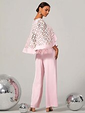 billige Kjoler til nyttårsaften-kvinners todelte cape topp utskjæringer høy midje brede ben bukser lys rosa elegant fest formell vår sommer antrekk s m l xl xxl