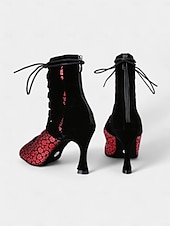 tanie Buty do tańców latynoskich-damskie sznurowane buty do tańca z odkrytymi palcami i wysokim obcasem – czerwony kwiatowy wzór z czarnym wycięciem do tańca latynoskiego i salsy