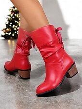 olcso Slouch Boots-piros műbőr lábszárközépig érő női csizma masnival és blokksarkúval – ünnepi téli lábbeli karácsonyra és bulikra