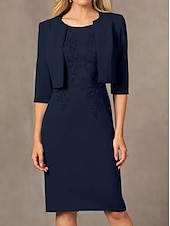 preiswerte Mit Jacke-Zweiteiliges Sheath  Column Kleid Strandhochzeitsanzug Kleid der Mutter der Braut Einfacher Juwel-Ausschnitt Knielängen Stretch-Stoff Jackenbekleidungen mit Bestickungsapplikationen Renntag Kleid