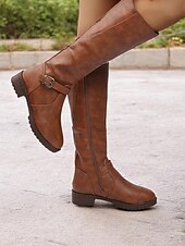 baratos Botas da moda-botas femininas marrons de cano alto com zíper lateral e fivela, salto baixo e design durável – perfeitas para uso casual e ao ar livre
