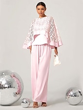 billige Kjoler til nyttårsaften-kvinners todelte cape topp utskjæringer høy midje brede ben bukser lys rosa elegant fest formell vår sommer antrekk s m l xl xxl