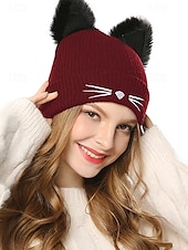 cheap Women&#039;s Hats-Women&#039;s Cute Cat Ear Beanie – Burgundy Knit Hat with Faux Fur Ears and Whisker Embroidery, Cozy and Stylish Winter Accessory