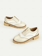 cheap 1930s-Women&#039;s Beige and White Oxford Brogue Shoes - Vintage Lace-Up Low Heel Casual Shoes for Everyday Wear