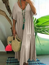 abordables Robes-Femmes Vert militaire Orange Kaki Été Robe maxi Robes inspirées du lin Élégant Mode Bureau Quotidien Coupe Ample Col en V