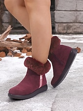 baratos Botas de neve e inverno-botins femininos de camurça bordô com punho de pele sintética e sola antiderrapante – calçados quentes de inverno para uso casual e ao ar livre