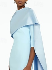 abordables BLEU-Robe de soirée élégante robe fourreau de mariage sur la plage robe de soirée bleu ciel élégante robe formelle longueur maxi manches 3/4 décolleté bijou crêpe extensible avec fente châle