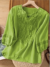 preiswerte Hemden-Damen Hemd Leinen-inspirierte Hemden Einfarbig Blumen Lässig Boho Dreiviertelarm Ellbogenärmel V Ausschnitt Normale Oberteile Urlaub Party Täglich Bestickt Gras-Grün Purpur Herbst Frühling &amp; Sommer