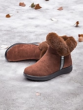 baratos Botas de neve e inverno-botins femininos de camurça bordô com punho de pele sintética e sola antiderrapante – calçados quentes de inverno para uso casual e ao ar livre
