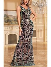 abordables NOIR-Robe de soirée sirène / trompette, robe de soirée, robe de soirée, longueur au sol, sans manches, col en V, automne, mariage, invité, nylon, dos en V avec broderie pailletée, 2025