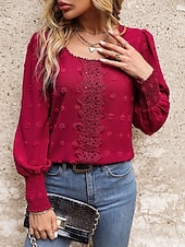 economico Top in Pizzo-Top Eleganti in Pizzo per Donna con Occhielli Maglietta Casual di Colore Solido Maniche Lunghe Collo a Giro Pizzo Patchwork Regolare Fit Giornaliero Romantico Petite Top Estivi da Vacanza Rosso