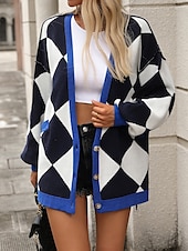 cheap Cardigans &amp; Outerwears-Women&#039;s Oversized Cardigan Open Front Knit Fall Winter Going out Fashion Streetwear Long Sleeve Geometric Color Block Black Blue