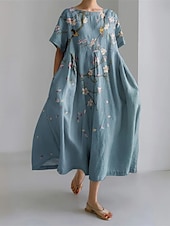 economico abiti stampati in cotone e lino-Per donna Abito maxi Abiti ispirati al lino Vestito Casual Vestito a ruota Casual Quotidiano Vestibilità regolare Floreale Manica Lunga Girocollo Blu marino Blu Verde Primavera Autunno