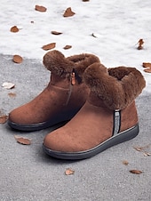 baratos Botas de neve e inverno-botins femininos de camurça bordô com punho de pele sintética e sola antiderrapante – calçados quentes de inverno para uso casual e ao ar livre