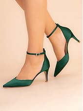 cheap Semi-Formal-Women&#039;s Emerald Green Satin Ankle Strap Heels - Elegant Pointed-Toe Stiletto for Parties, Weddings, and Special Occasions