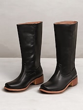 levne Cowboy &amp; Western Boots-dámské hnědé westernové kovbojské boty z umělé kůže - výška do půl lýtek s naskládaným podpatkem pro ležérní outfity a outfity ve venkovském stylu