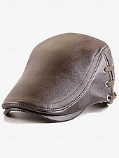 cheap Men&#039;s Hats-Men&#039;s Classic Faux Leather Newsboy Cap – Vintage Flat Ivy Hat with Lace-Up Side Details for Casual and Formal Looks