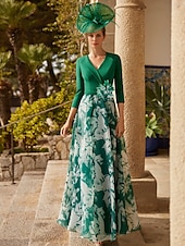 cheap Floor Length-A-Line Evening Gown Elegant Dress Formal Wedding Guest Floor Length 3/4 Length Sleeve V Neck Chiffon with Floral Print Race Day Dress Wedding Guest Dress
