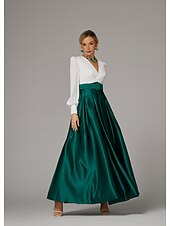 cheap GREEN-A-Line Evening Gown High Split Dress Formal Wedding Guest Floor Length Long Sleeve V Neck Fall Wedding Guest Satin with Pleats Slit