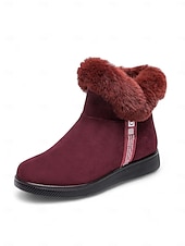 baratos Botas de neve e inverno-botins femininos de camurça bordô com punho de pele sintética e sola antiderrapante – calçados quentes de inverno para uso casual e ao ar livre
