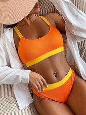 Χαμηλού Κόστους Σετ μπικίνι-Γυναικεία Μαγιό Μπικίνι 2 κομμάτι Προκλητικό Μαγιό Εξώπλατο Λεπτό Διακοπές Ρούχα παραλίας Συμπαγές Χρώμα Λαιμόκοψη U Αμάνικο Μαγιό