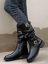 olcso Slouch Boots-fekete, lábszárközépig érő, lenge női csizma krokk-dombornyomott részletekkel és arany csatos díszítéssel – lezser és stílusos dizájn