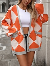 cheap Cardigans &amp; Outerwears-Women&#039;s Oversized Cardigan Open Front Knit Fall Winter Going out Fashion Streetwear Long Sleeve Geometric Color Block Black Blue