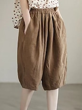 preiswerte Schlichte Hose aus Baumwollleinen-Damen Baggy Shorts Kurze Hosen Knielänge Feste Farbe Dunkelgrün Aprikose Khaki Sommer