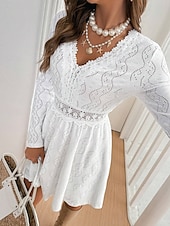 voordelige Witte kanten jurken-Dames Witte jurk Mini-jurk Kant Lapwerk Casual V-hals Lange mouw Wit Kleur