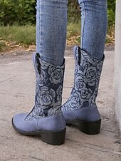 olcso Cowboy és nyugati csizma-női fekete farmer és műbőr western csizma virágos hímzéssel - lábszárközépig érő cowboy stílusú alkalmi és kültéri viselethez