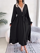 abordables Robe de cocktail-Robe casual Robe Évasée Robe Trapèze Femme Robe mi-longue Patchwork Avec ceinture Sport &amp; Loisir Plein Air Décontractées Col V manche longue Standard Noir Vin Vert S M L XL