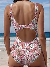 billiga One-piece-baddräkter-Kvinnors badkläder enstyck Monokini baddräkt utan rygg magkontroll hög midja smal semester strandkläder paisley U-hals ärmlös baddräkt
