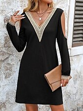 preiswerte schwarzes Minikleid-Damen schwarzes kleid Midikleid Kontrastspitze Elegant V Ausschnitt Langarm Schwarz Farbe